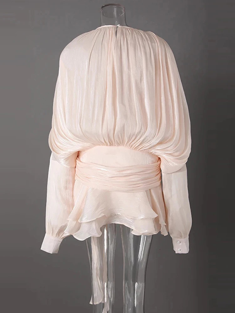 Elegant Ruffle Mini Dress for Women 2025 Early Spring Fashion O-neck Lantern Sleeve Hollow Lace Womens Dress with s 250103