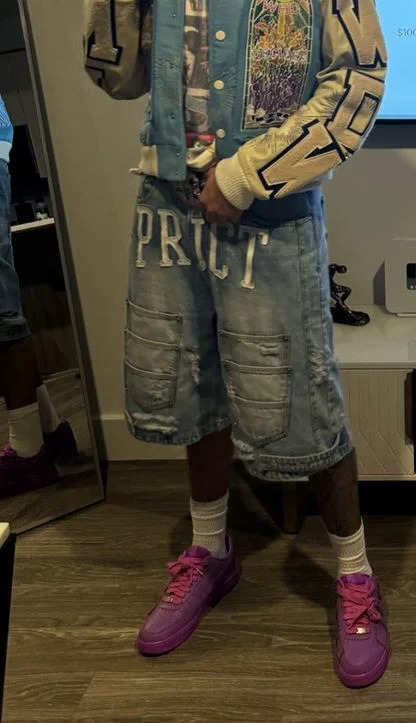 Hip Hop Punk Patchwork Hole Letter Pattern Denim Shorts Retro Harajuku Super Multi Pocket Gym Shorts Mens Womens Streetwear 241224