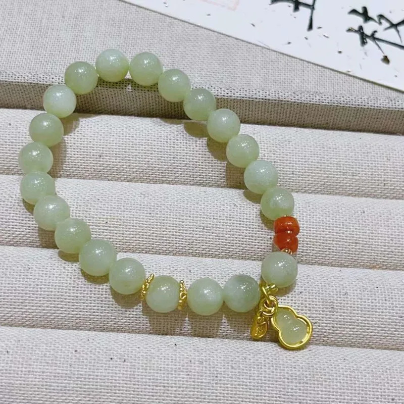 Natural Hetian Jade Round Bead Bracelet with Gourd Accessories Fashionable Womens Models 250102