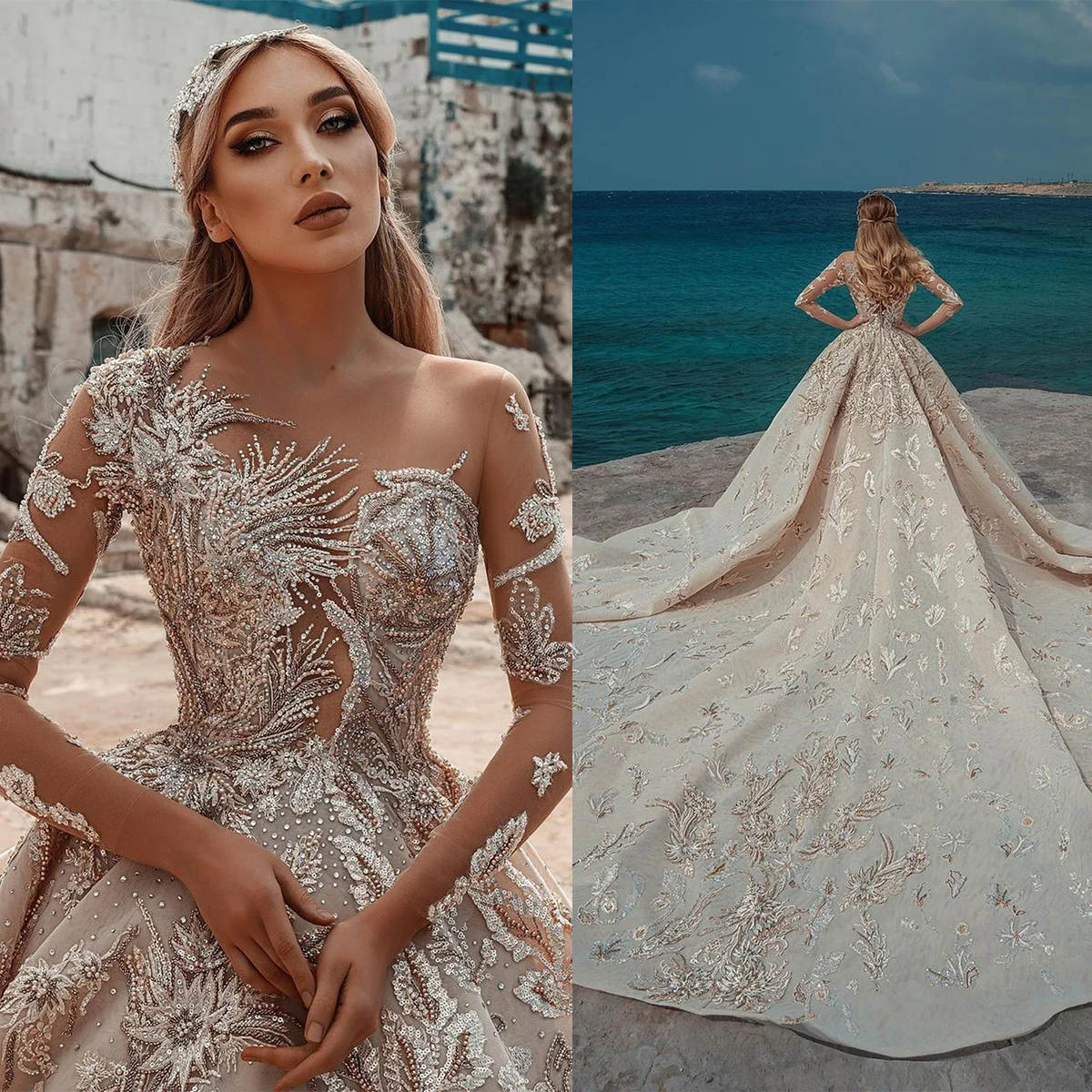 Modern Long Sleeve Lace Ball Gown Wedding Dresses Lace Net Appliqued Sequins Sweep Floor Cathedral Bridal Gowns Arabian Dubai Custom Made Vestidos De 