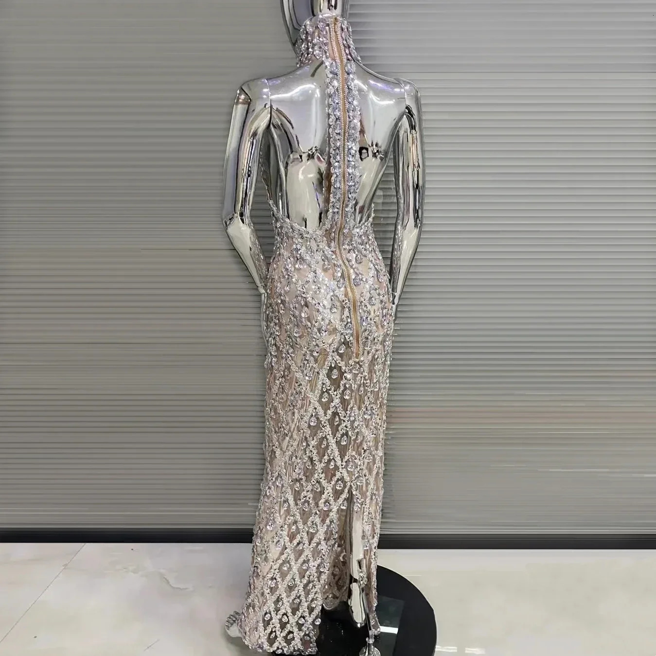 High Quality Flashing Silver Rhinestone Crystals Fringes Transparent Long Birthday Celebrate Evening Party Dress 250103