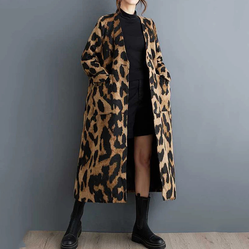 Beautyblue in Coats jackets Leopard Elegant Coat Woman Long Sleeves Pockets Split-Joint V-Neck Outerwear Female Trench Coats 241224