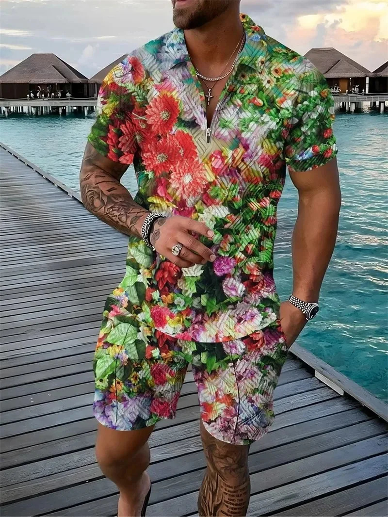 Men Tracksuit 2 pcs sets Floral Print 3D Zipper Lapel Polo Short Sleeve T Shirt and Shorts Casual Zip-Up Polo Shirt Man er 250102