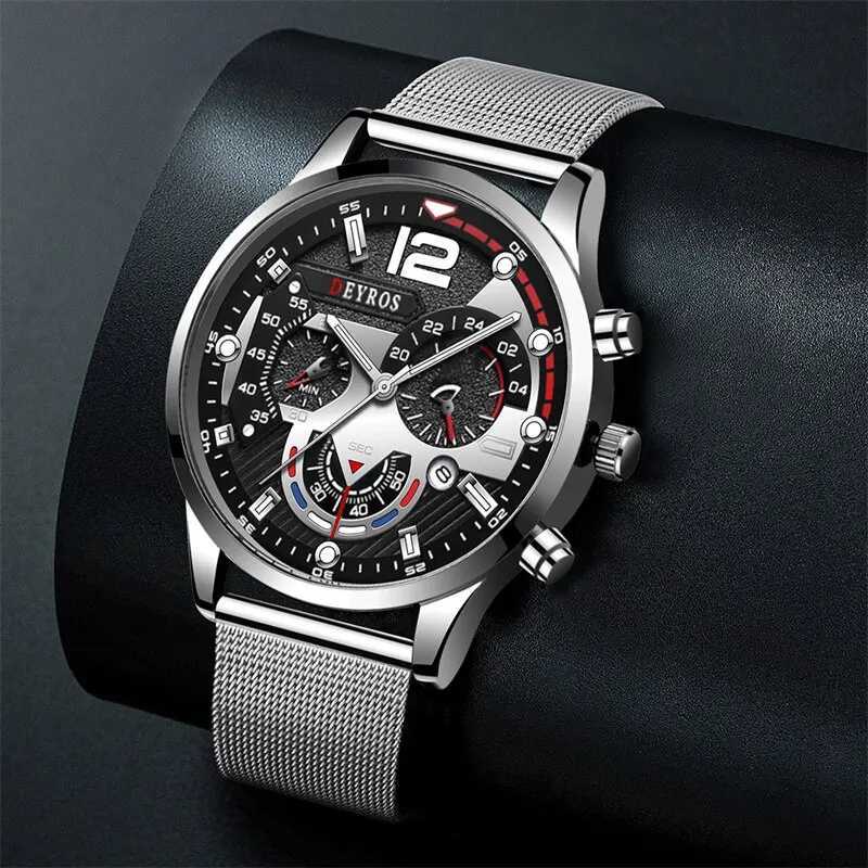 Fashionable mens Busin es luxury stainless steel mesh with quartz watch illuminated mens leisure calendar W250104