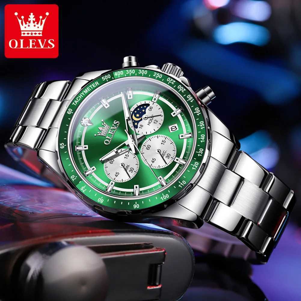 OLEVS Green Mens Timekeeping Luxury Dr Moon Quartz Stainless Steel Waterproof Luminous Busin Watch W250104