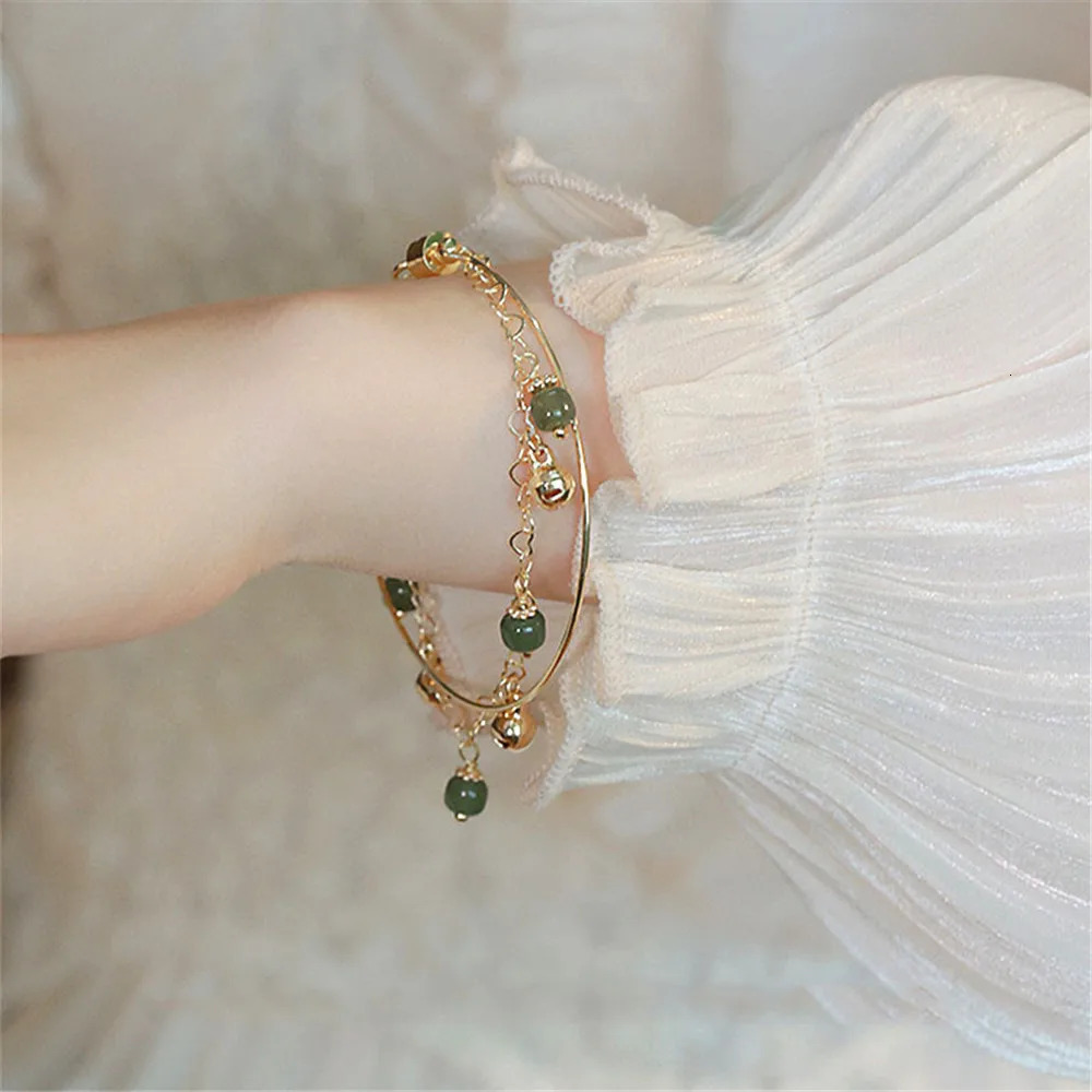 Handmade Natural Hetian Jade Pearl Bell Charm Bracelet Womens Ins Niche Double layer Stacking Wear Romantic Antique Jewelry 250102