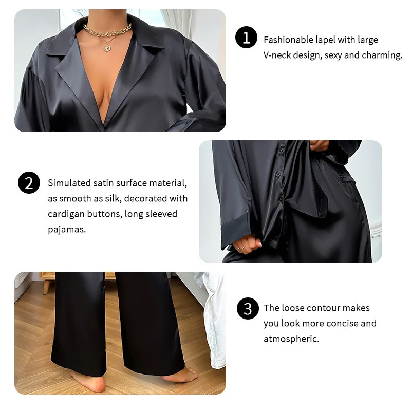 Womens 2 Piece Silk Satin Pajamas Long Sleeve Deep Vneck Lounge Sets Button Down Shirts And Pants Pj Fashion Oversized Outfits 250103
