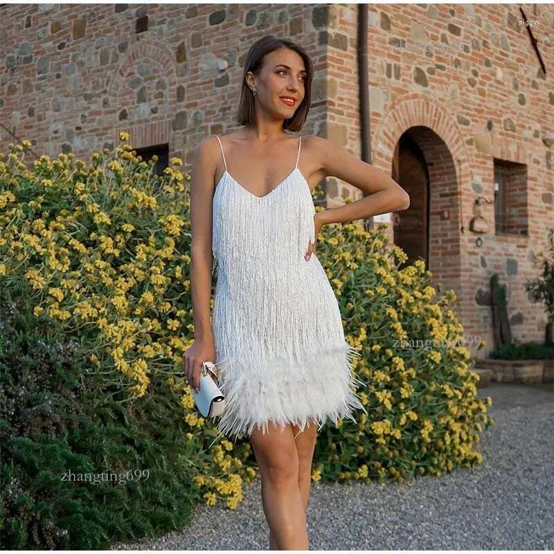 Casual Dresses Women's Evening White Dress With Feathers 2023 Women Fringed Sequin Stitching Slim V-Neck Off Shoulder Wedding Guest