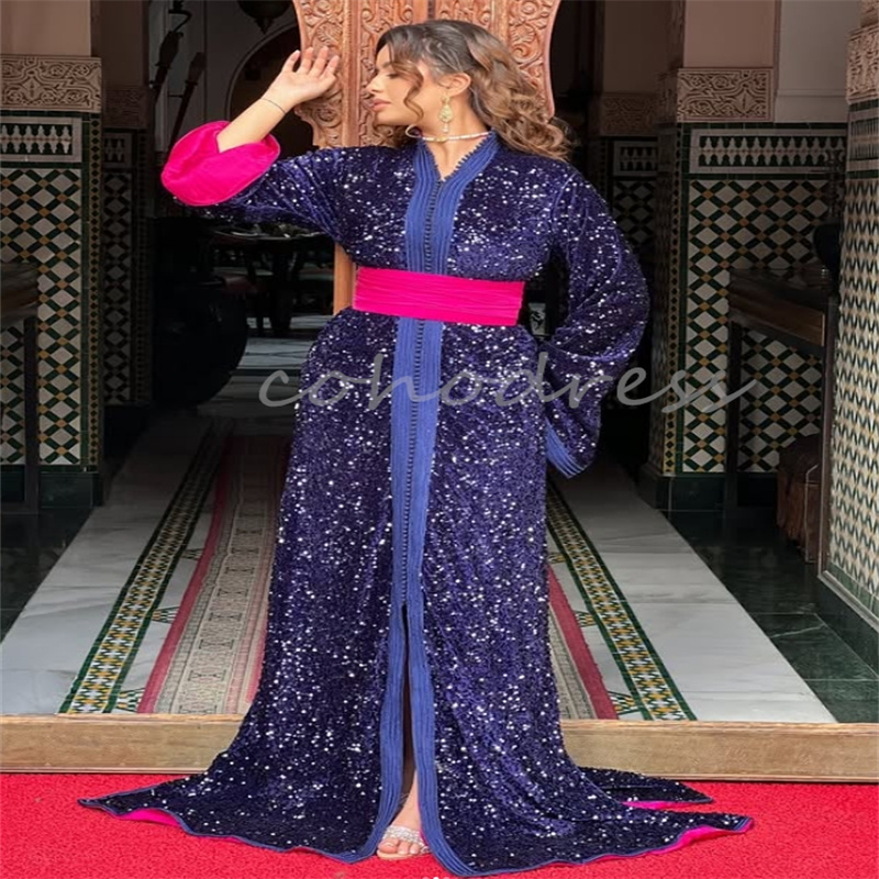 Luxury Caftan Moroccan Evening Dress Navy Blue With Fuchsia Sash Plus Size Sequin Prom Dresses Long Sleeve Dubai Abaya Engagement Arabian abendkleider