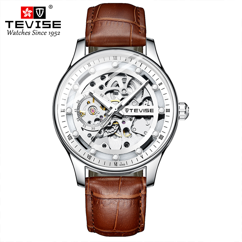 TEVISE New Style Mechanical Watch Hollow-out Design, Mens Leather Strap Fashionable Waterproof Men's Mechanical Watch T027- T836D