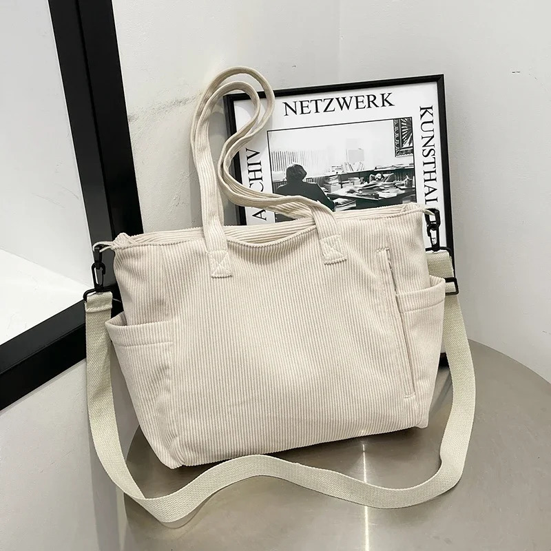 Corduroy Large Capacity Womens Tote Bag Zipper Solid Color Versatile Casual Crossbody Bag Soft Trendy Simple Handbag 250102