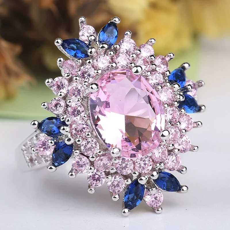 Fasion Real Solid 925 sterling silver ring womens gift AAA multi-color zircon jewelry blue paving flower wedding silver ringXJ250412