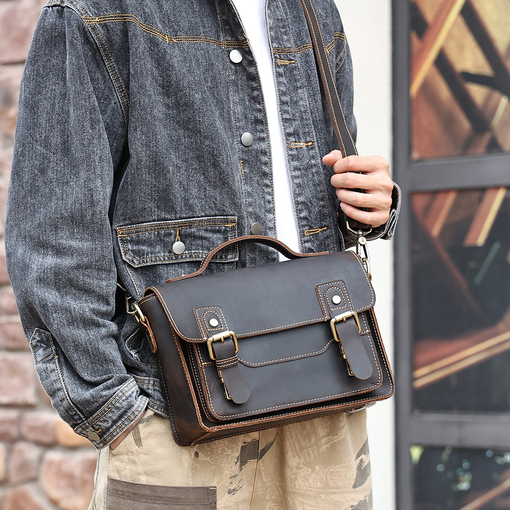 New Small Square Casual Shoulder Crazy Horse Leather Handbag, Crossbody Bag, Men's Style