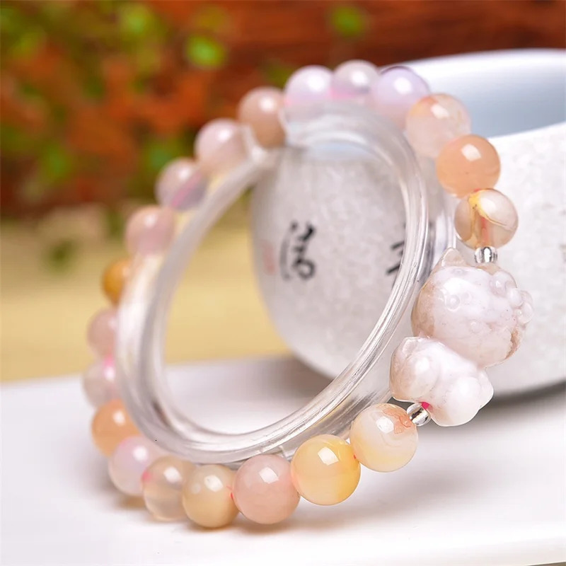 8MM Natural Flower Agate Cartoon Cat Carving Bracelet For Woman Man Fengshui Healing Wealth Crystal Birthday Lucky Gift 250102