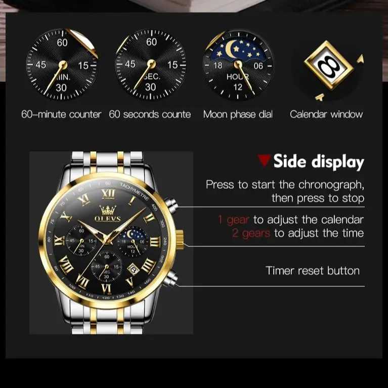 OLEVS 5529 Top Luxury Brand Mens Waterproof Luminous Stainless Steel Moonphase Timing Code New Quartz Mens W250104