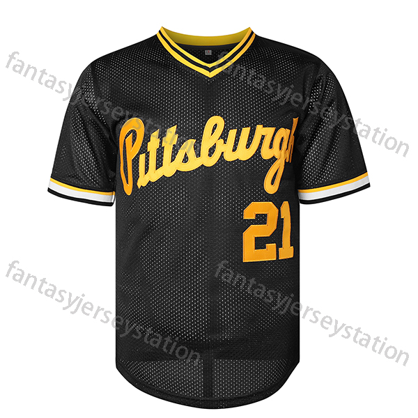 In Stock Men's Polyester 21 Black Baseball Jersey - V-Neck, Polyester, Adult Unisex, CLEMENTE Embroidered Short Sleeve Sports Top for Training, S
