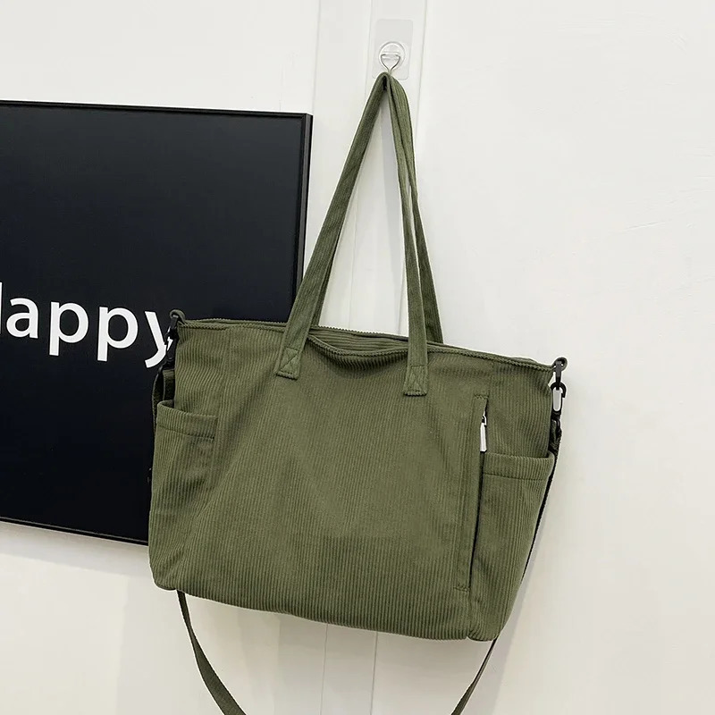 Corduroy Large Capacity Womens Tote Bag Zipper Solid Color Versatile Casual Crossbody Bag Soft Trendy Simple Handbag 250102
