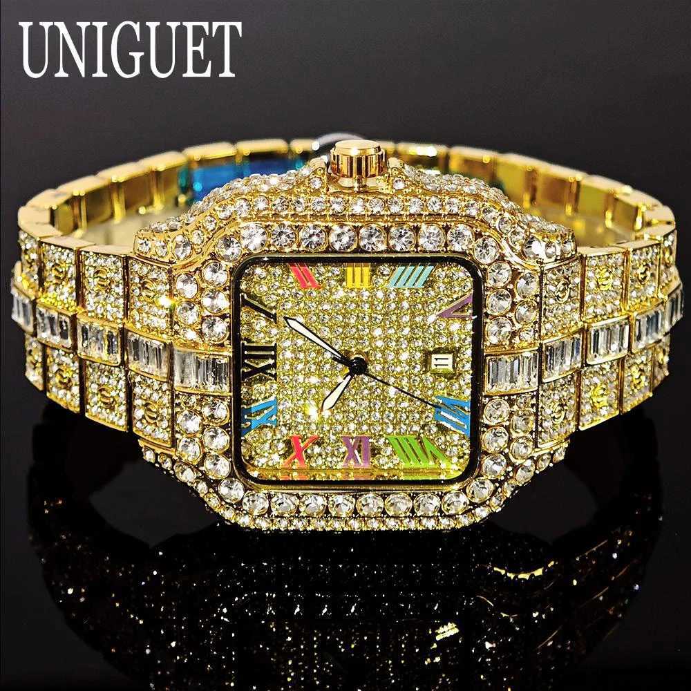 UNIGUET Mens Gold D Quartz Fashion Color Roman Square Mens Hip Hop Diamond AAA Jewelry Watch Gift 2025 W250104