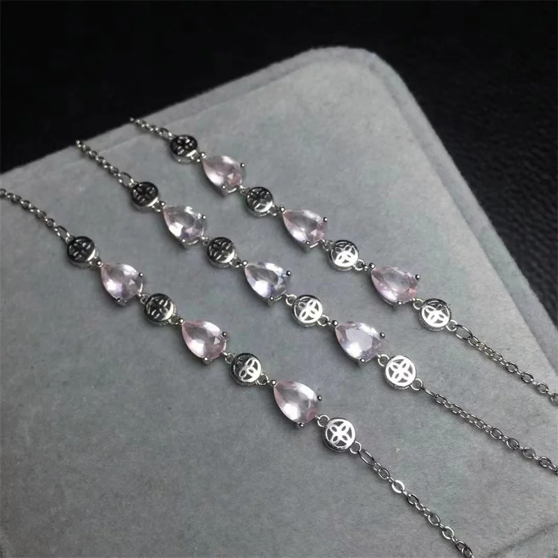 S925 Natural Rose Quartz Teardrop Bracelet Fashion Gemstone Crystal Jewelry Bangle For Women Healing Bohemia Holiday Gift 1pcs 250102