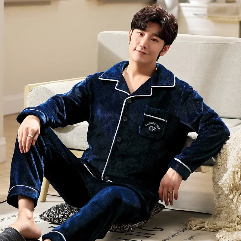 Fashion n Pajamas Set Men Autumn Winter Flannel Thermal Lapel Coral Fleece Loungewear Suit Male Comfortable Warm Homewear 250103