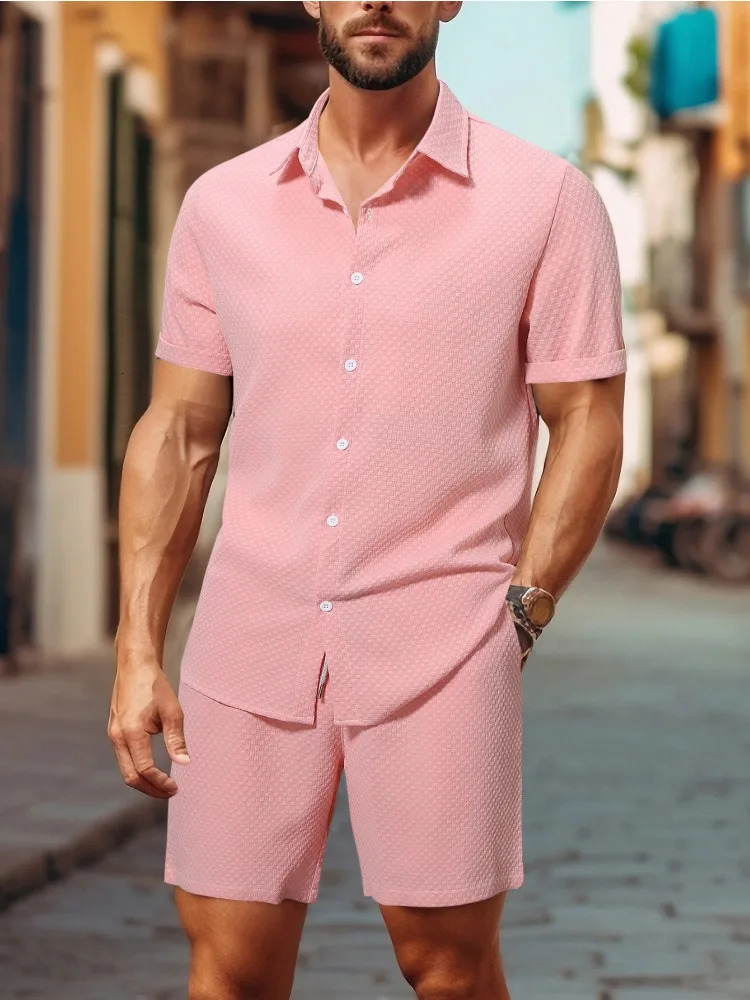 Summer Mens 2 Piece Set Short Sleeves Polo Shirt Button Down Shirts and Shorts Solid Sets for Men Casual Suits 250102