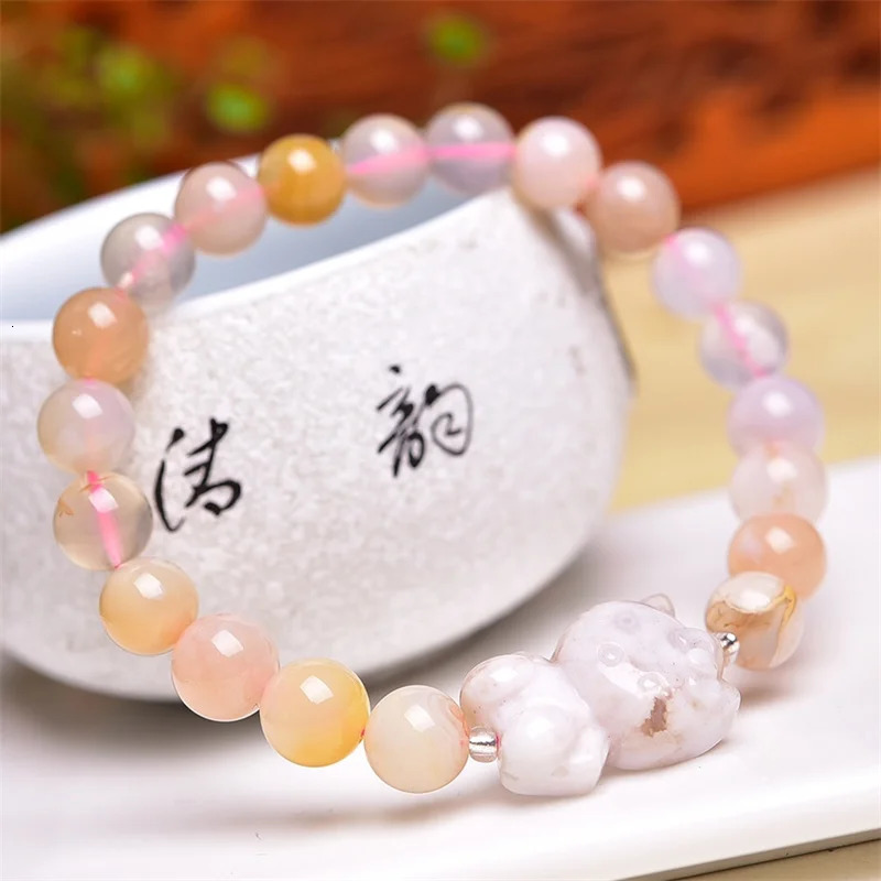 8MM Natural Flower Agate Cartoon Cat Carving Bracelet For Woman Man Fengshui Healing Wealth Crystal Birthday Lucky Gift 250102