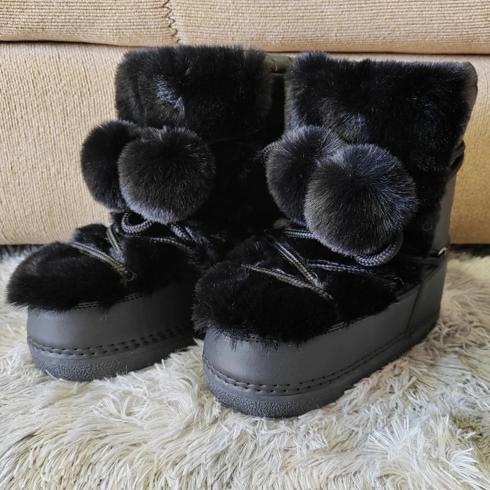 Women Fur Boots 2024 Winter Fluffy Furry Faux Fur Snow Boots Woman Lace-up Waterproof Platform Ankle Boots Pink Ski Boots 250103