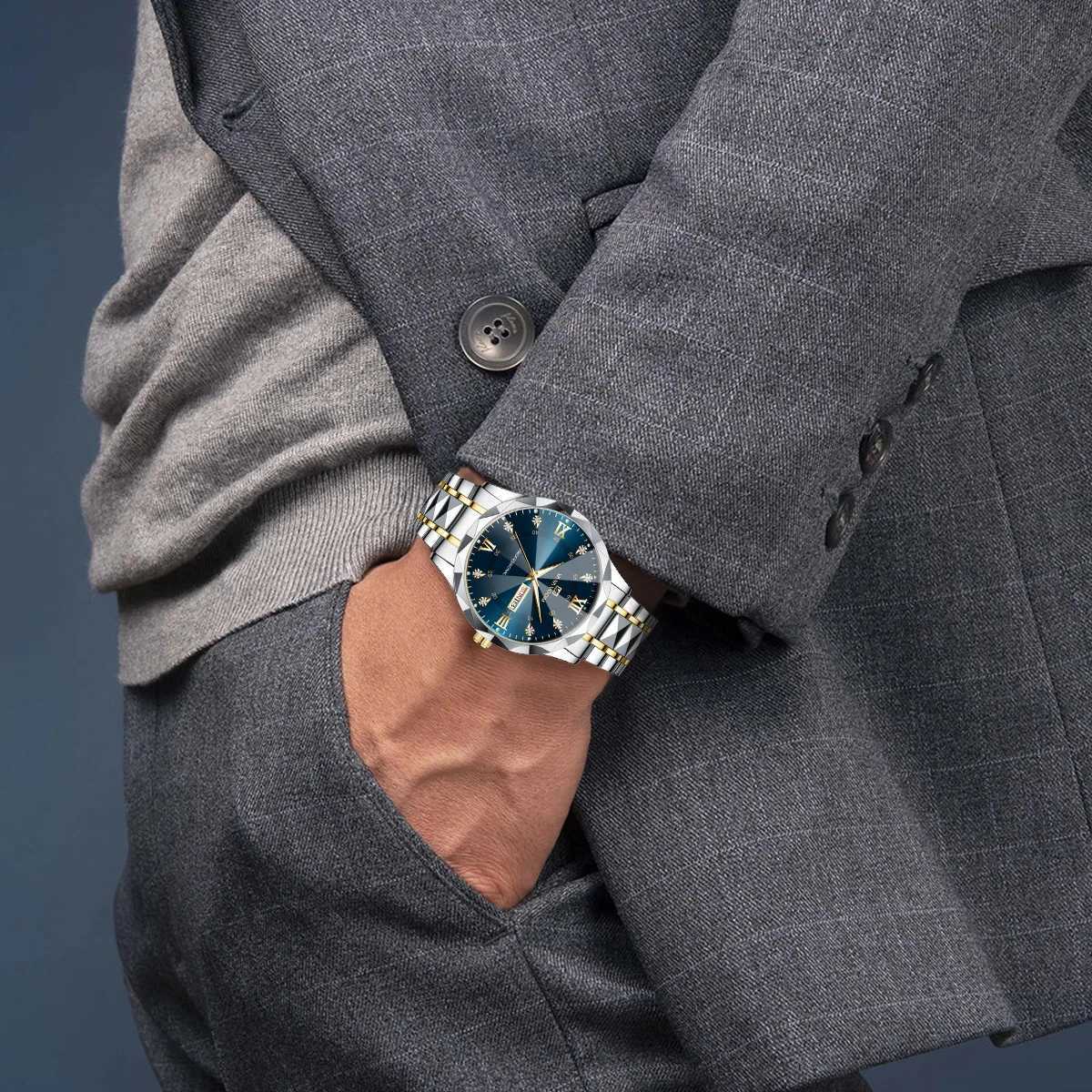 Mens Water Diamond Luxury Luminous Double Calendar Quartz Finish 41mm Blue Gold Stainless Steel Fashion Bus W250104