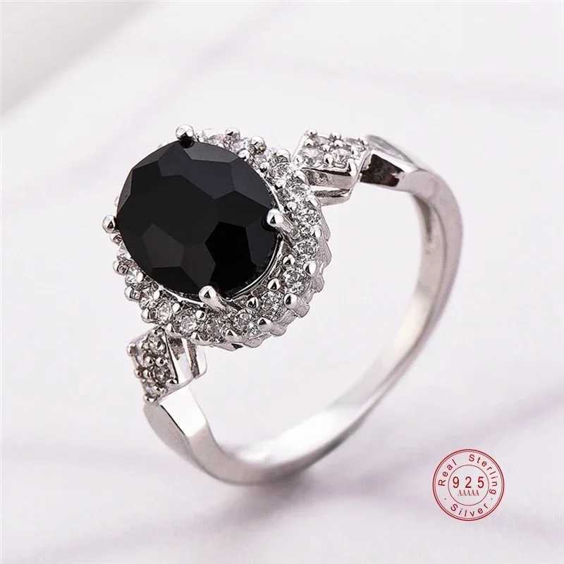 Genuine Jewelry 925 Sterling Silver Stackable Ring Round Black CZ Crystal Finger Ring for Women Wedding Party Bague BijouxXJ250514