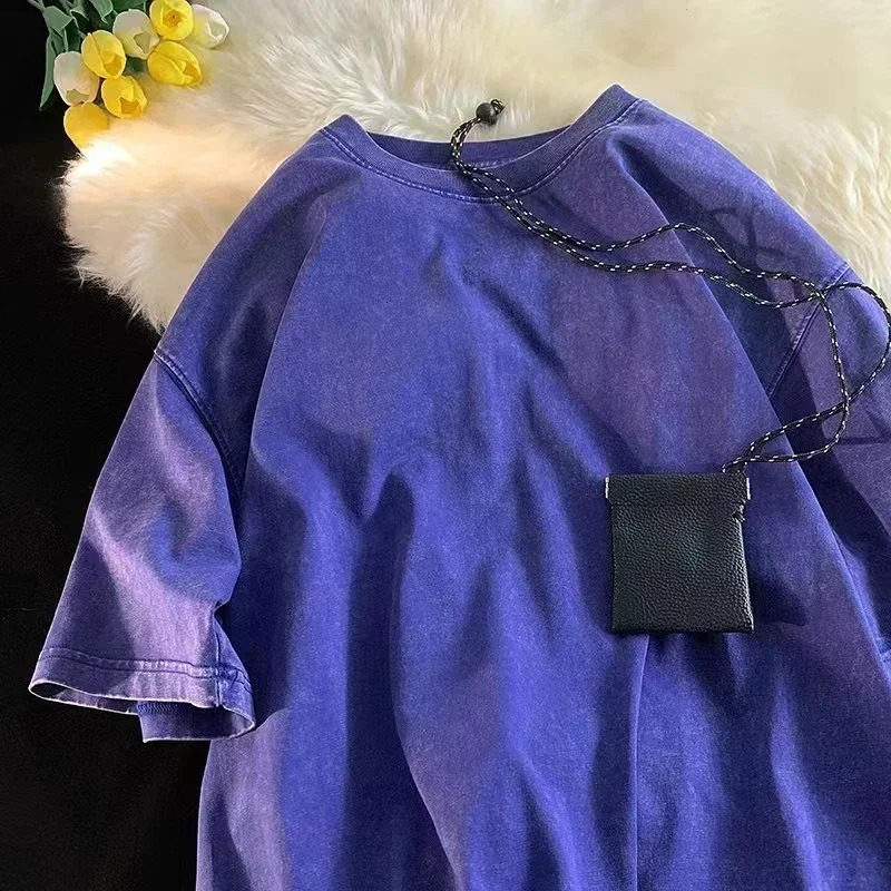 High quality ultra-fine acid washed Y2K T-shirt for women retro T-shirt for street wear mineral washed T-shirt for women loose top 250103