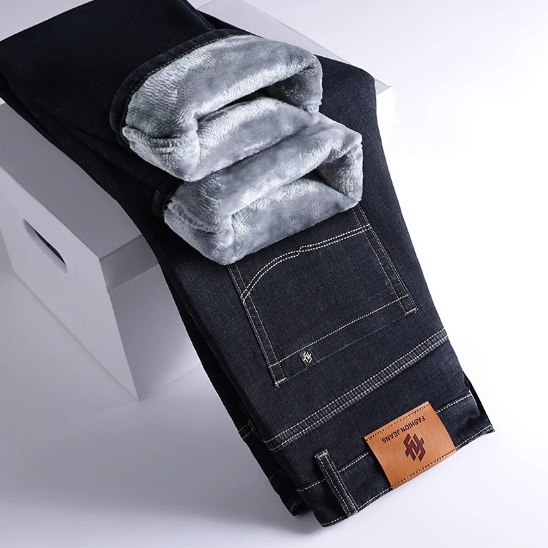 Men Winter Fleece Warm Jeans Fashion Business Pants Retro Classic Denim Trousers Autumn Casual Stretch Slim Jeans Men 241230