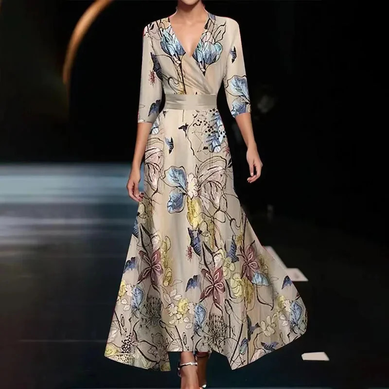 Retro dress for women sexy spring V-neck printed hem Bohemian Maxi dress elegant and fashionable half sleeved waist pleated party dress 241230