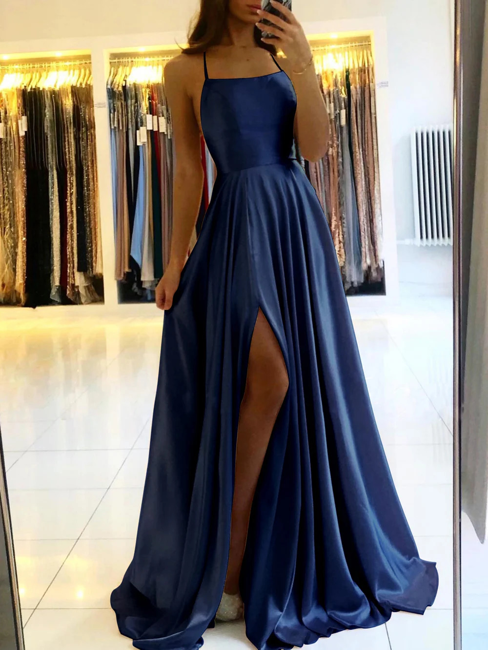 Womens Blue A-line Long Satin Evening Dress Womens Simple spaghetti Strap Sexy Sewing Wedding Ball Dress Vestidos 250103