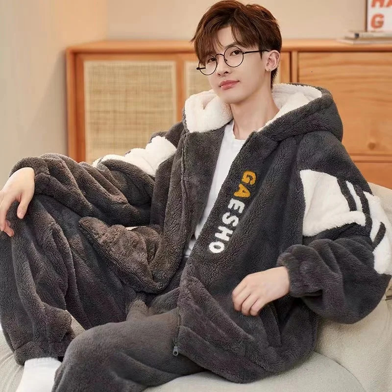 Male Zipper Pajamas Sets Winter Coral Fleece Warm Thickened Sleepwear MenThermal Flannel Pyjamas Turtleneck Lounge 250103