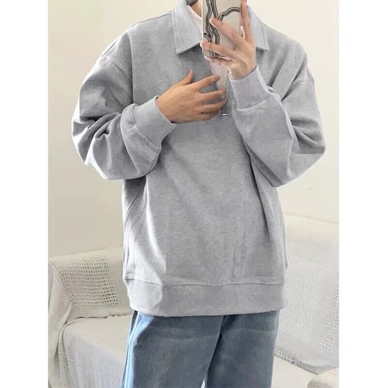 American High Street Simple Solid Color Half Zipper Hoodie for Mens Autumn Trendy Versatile Loose Casual Collar Top
