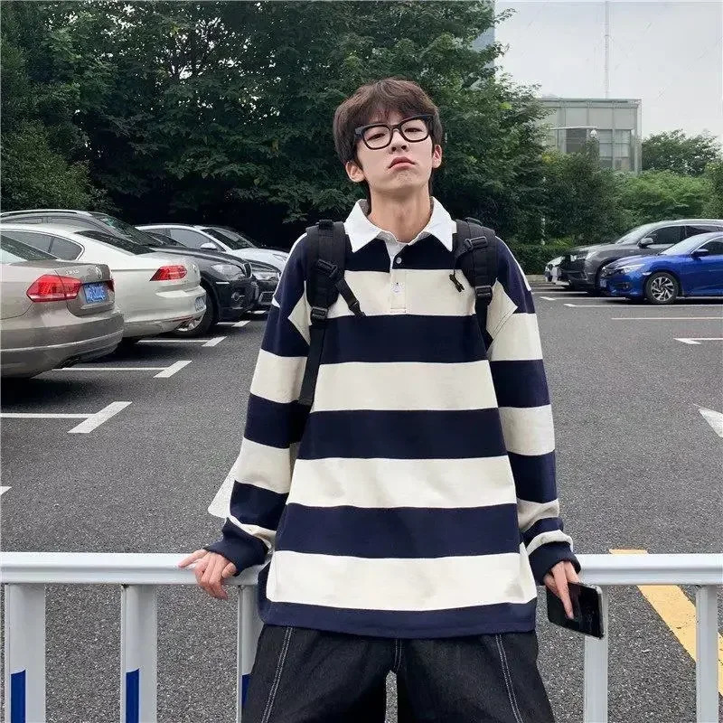 Mens polo shirt white sportswear mens clothing striped top long sleeved social F Xl fashion trend quotation complete Y2k 250103