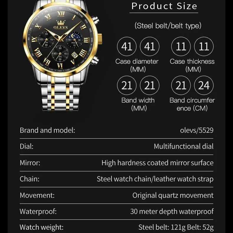 OLEVS 5529 Top Luxury Brand Mens Waterproof Luminous Stainless Steel Moonphase Timing Code New Quartz Mens W250104