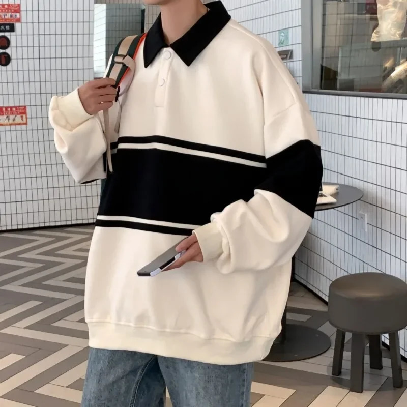 Mens spring/summer polo shirt long sleeved sweatshirt loose fit trendy splicing bottom layer autumn style trendy 241230