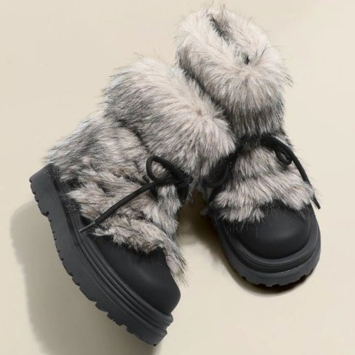 Faux Fur Boots for Women Warm Comfortable Woman Ski Boots 2024 Winter Middle Claf Lace-up Waterproof Platform Snow Boots Black 250103