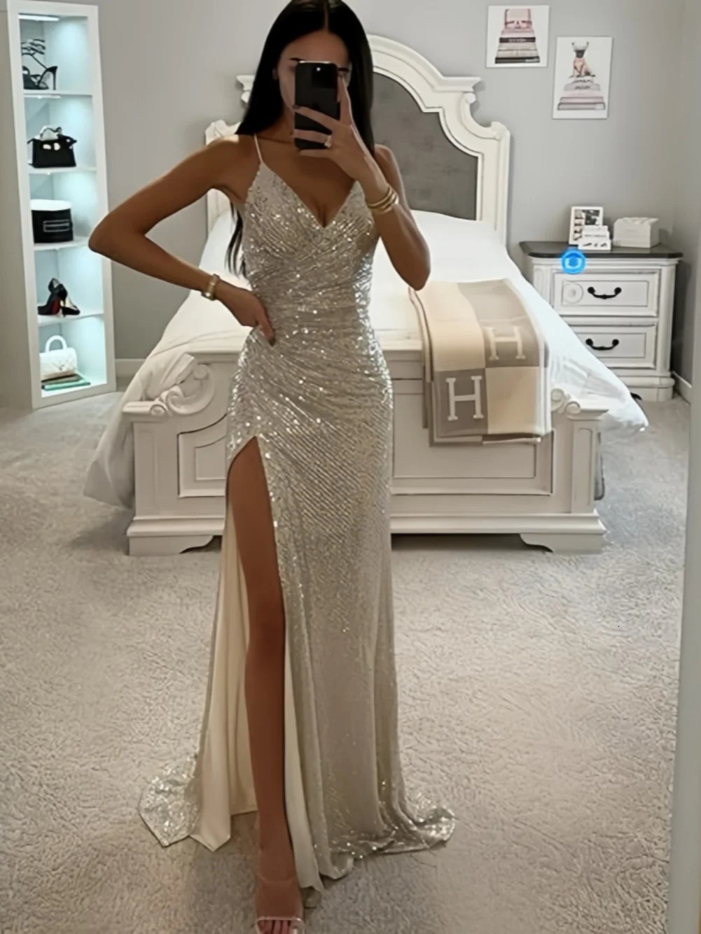 TSxuelian Womens Sparkling V-neck Mermaid Ball Dress Long spaghetti Strap Tight corset Formal Evening Dress High Seam Party Dress 250103