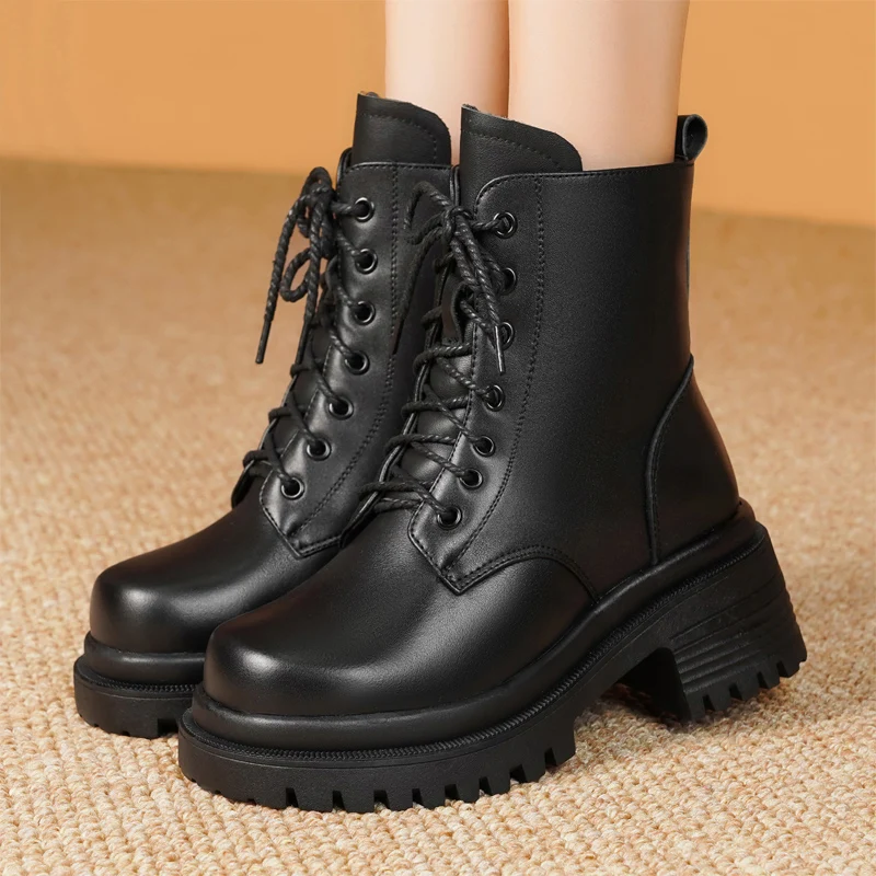 AIYUQI Women Biker Boots Genuine Leather Natural Wool Winter Boots Women Platform Large Size Non Slip Women Snow Boots