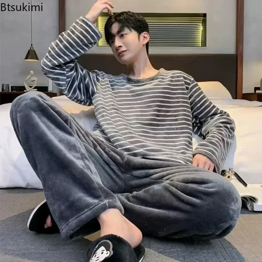 Mens Autumn Winter Warm Flannel Pajama Sets Casual Soft Sleepwear Homewear 2PCS Male Loose Coral Velvet Lounge 250103