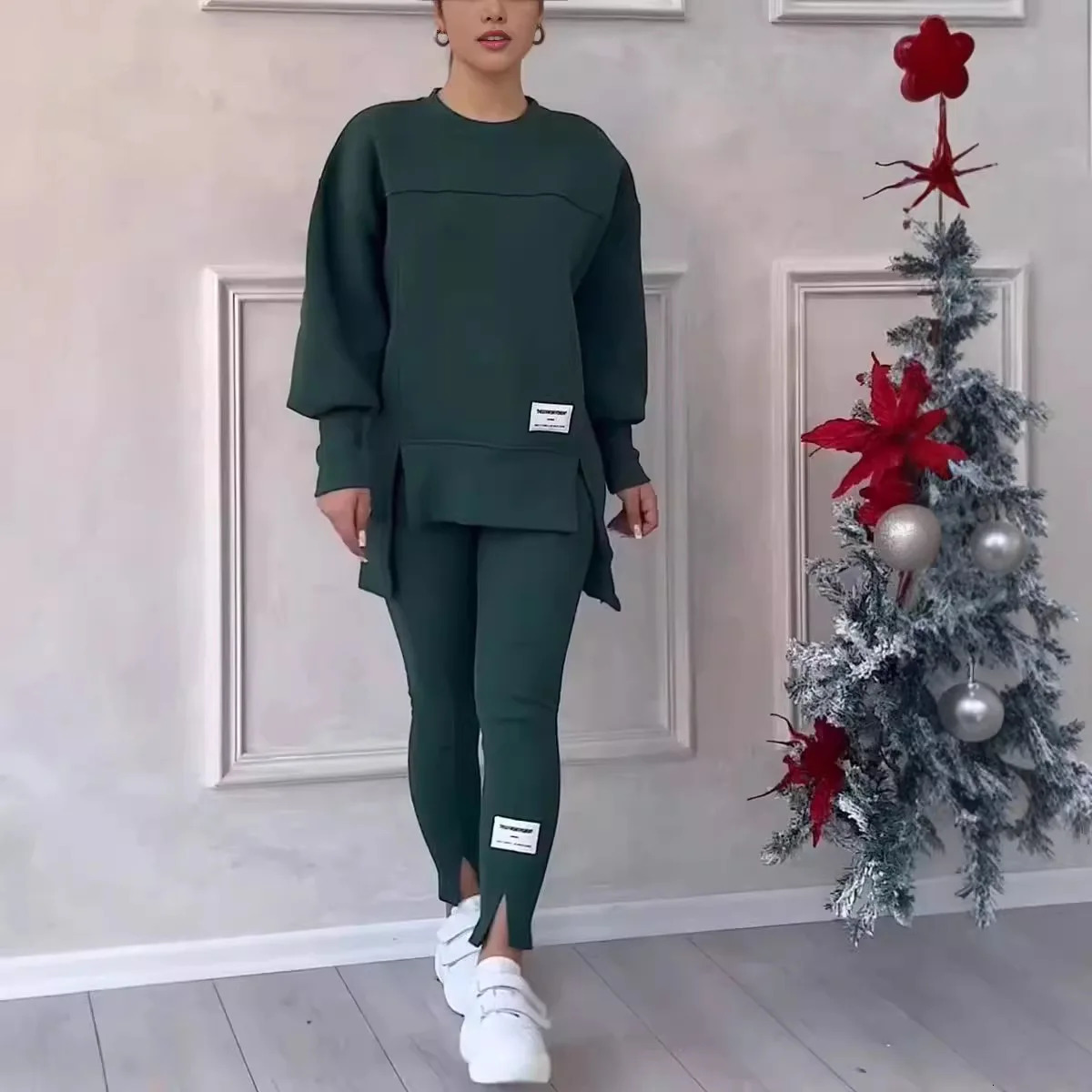 2-piece womens sportswear hooded sweatshirt winter loose irregular topleg pants casual jogging set sportswear two-piece set 241230
