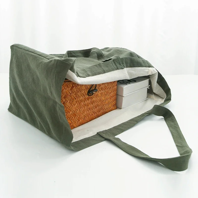 Harajuku Korean Women Retro Cotton Linen Shopping Bags Large Casual Solid Color Foldable Beach Handheld Shoulder Bags 250102