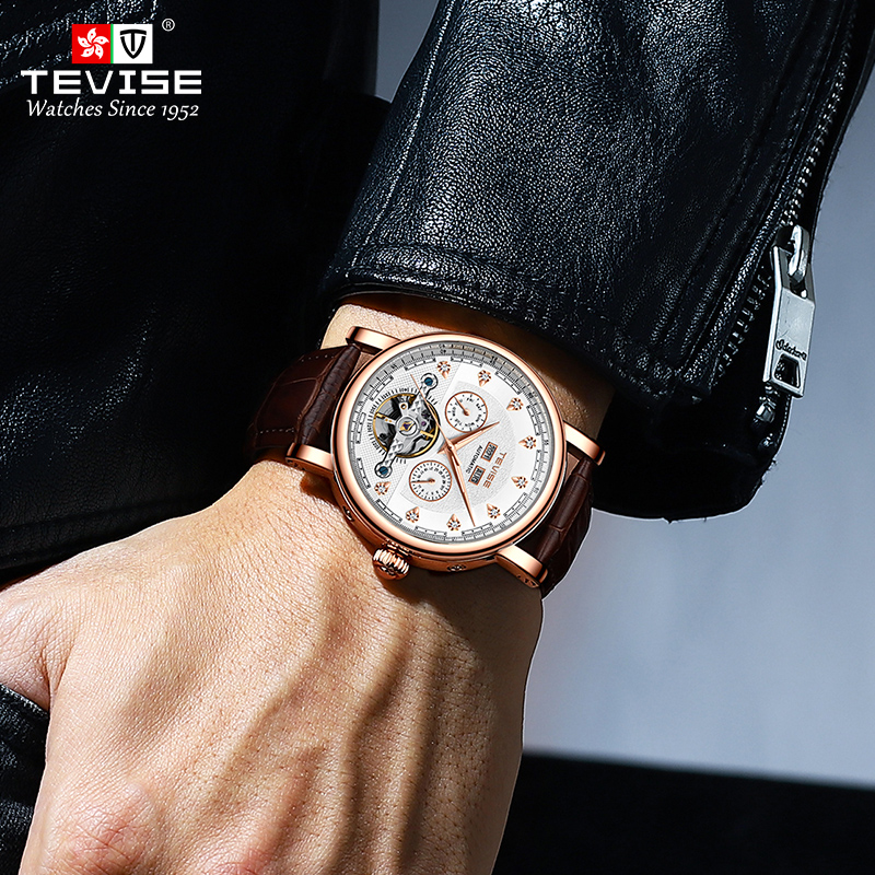 TEVISE Automatic Mechanical Watch Mens Business Fashion Mens Mechanical Wristwatch Waterproof Leather Watch T023 T867C
