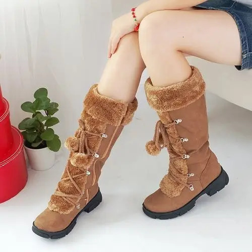 Women Fur Boots Ladies Winter Shoes Woman Zipper Casual Knee Boots Keep Warm Snow Boots Black Big Size dse3 250103