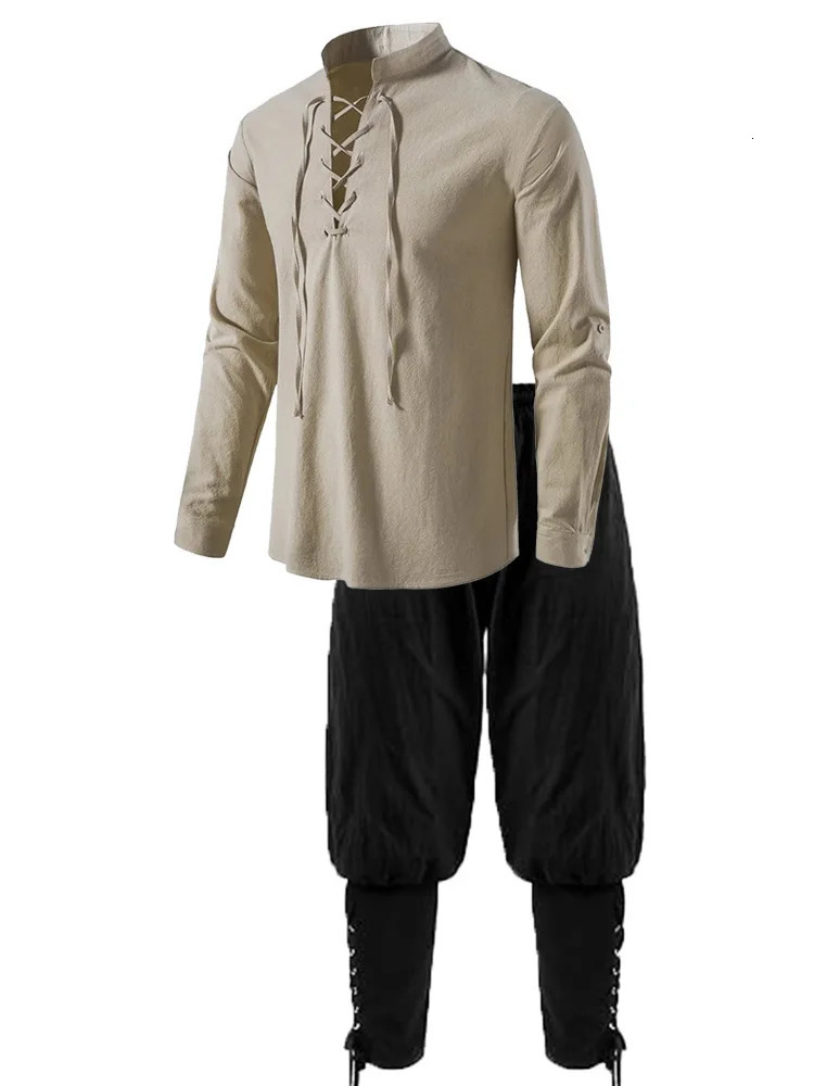 2Pcs Mens Medieval Knight Costume Set Renaissance Cosplay Pirate Shirts Ankle Banded Pants For Halloween Cotton Linen Fabric 250102