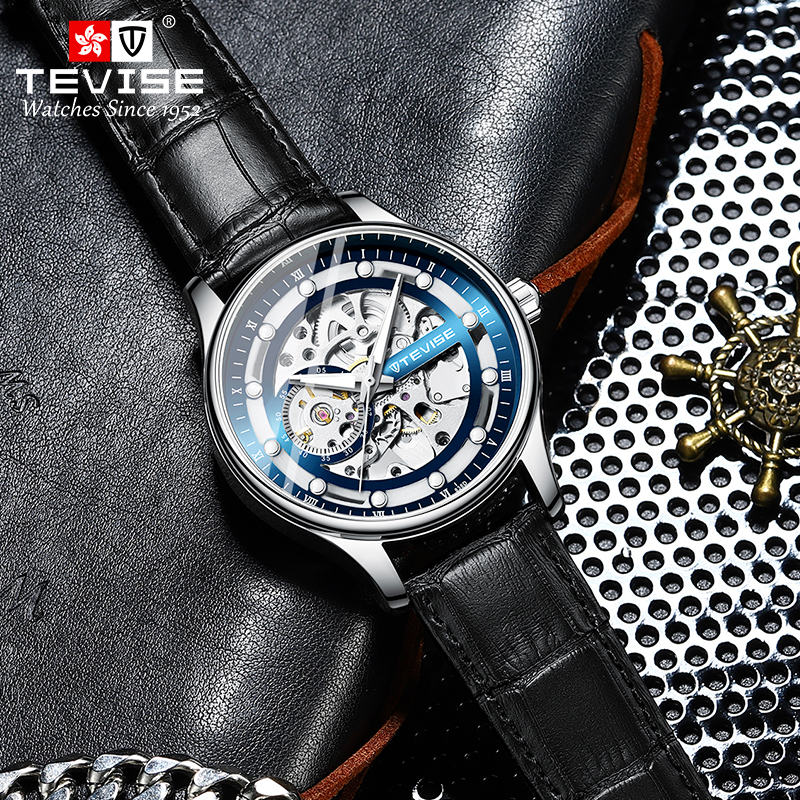 TEVISE New Style Mechanical Watch Hollow-out Design, Mens Leather Strap Fashionable Waterproof Men's Mechanical Watch T027- T836D