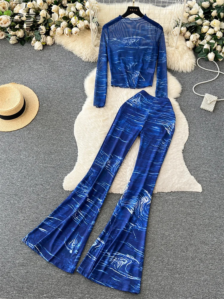 SINGREINY Fashion Two Piece Sets Women Thin Long Sleeve O Neck Top Elastic Waist Flare Long Pants Autumn Streetwear Suit 241230