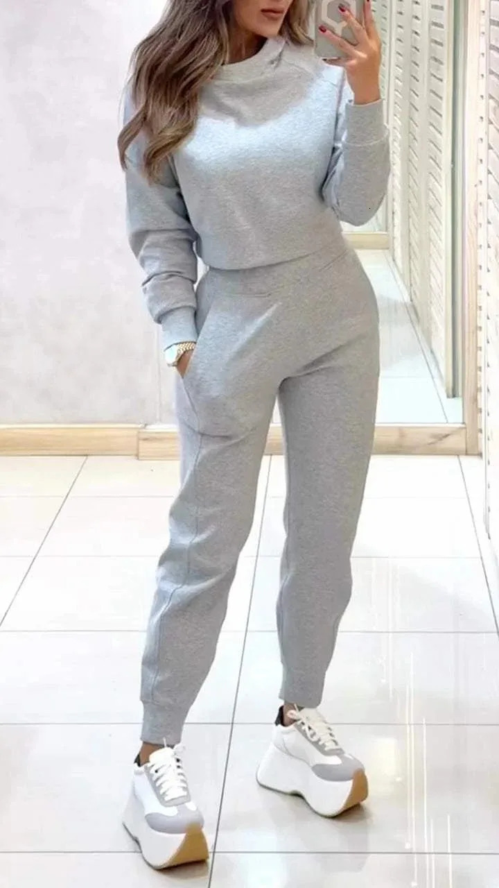 Fashion long sleeved half neck short top9-point pants 2-piece set elegant autumn solid color ultra-thin womens suit 241230